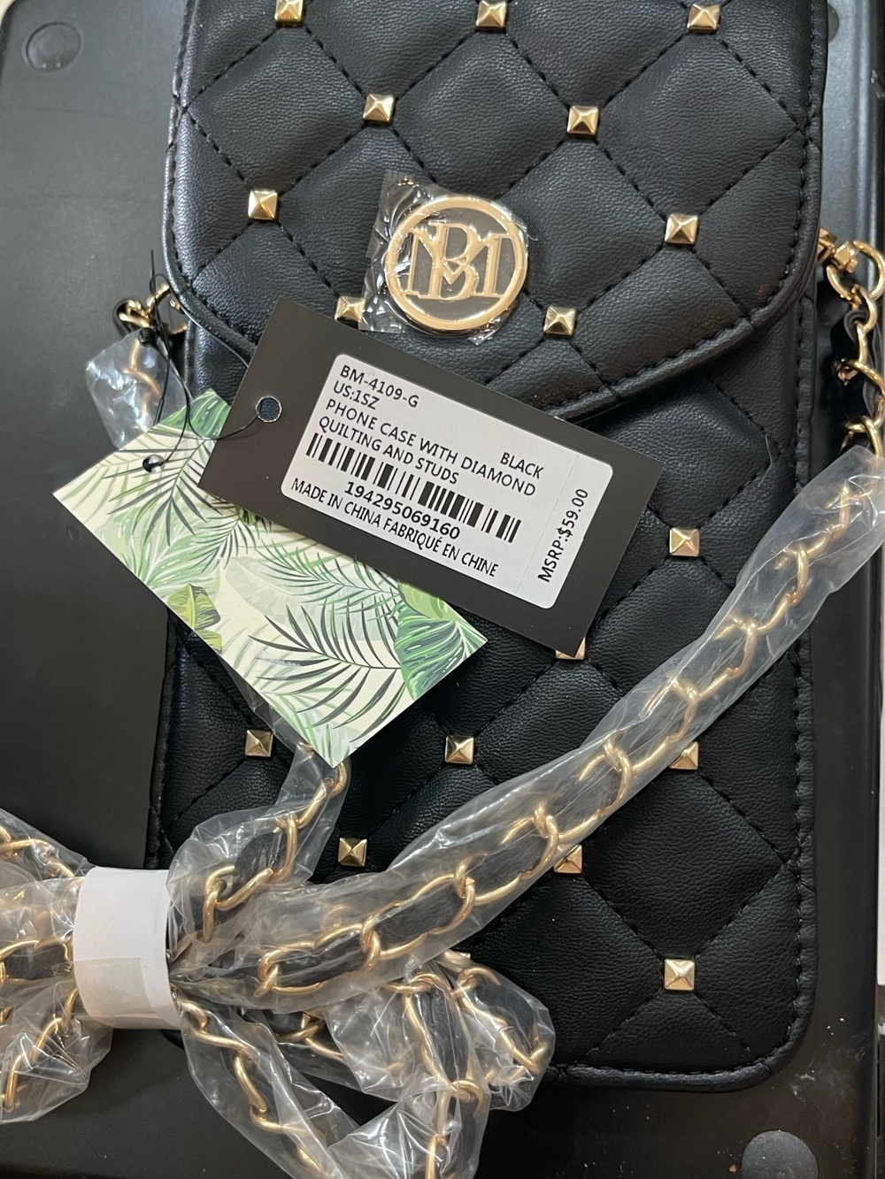 Badgley Mischka Black Quilted Crossbody with Gold Studs
